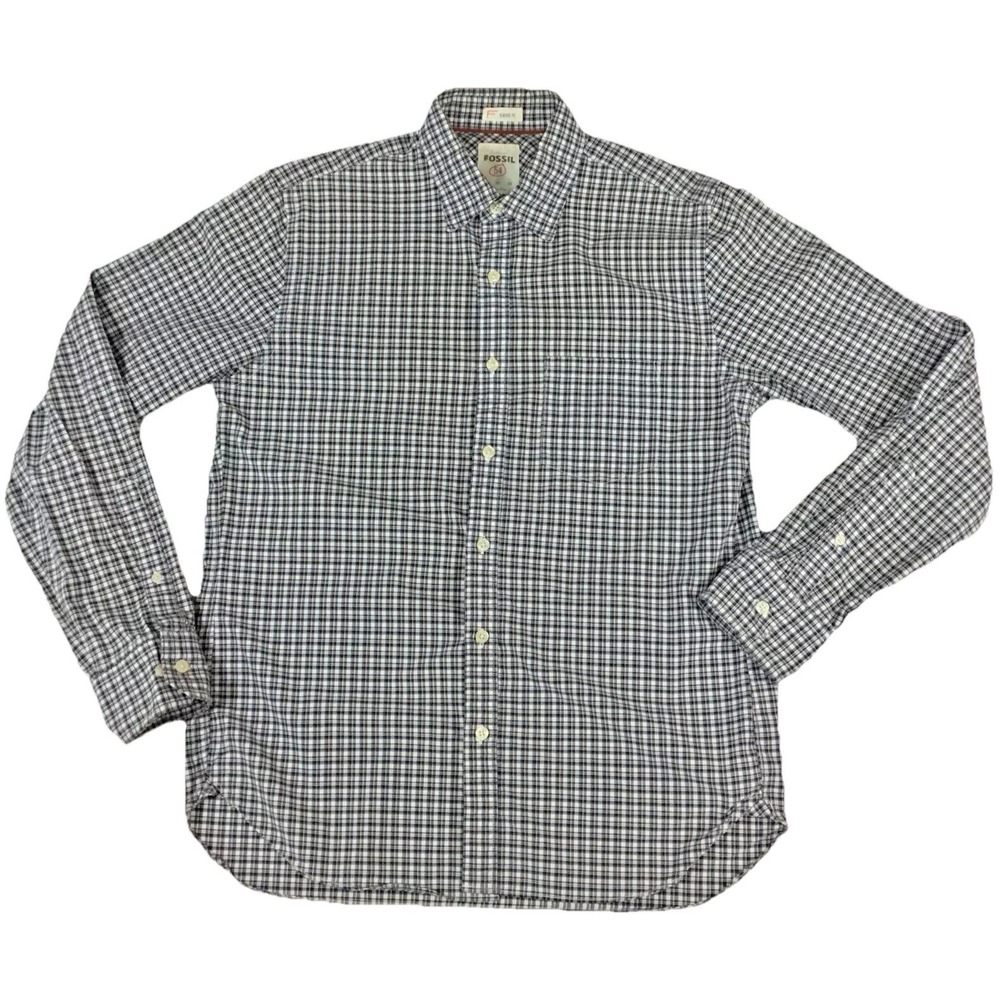 Fossil Mens‎ Classic Fit Plaid Button Down Shirt Blue White Orange Size M 54